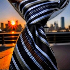 Robert Talbott Men's Neck Tie Blue, Brown, Gray Stripe Hand Sewn Silk. Thick.